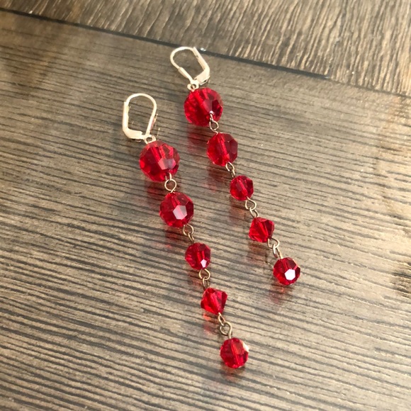 Vintage Red Cut Crystal Sterling Silver Lever Back Earrings Long Dangle - Picture 16 of 16